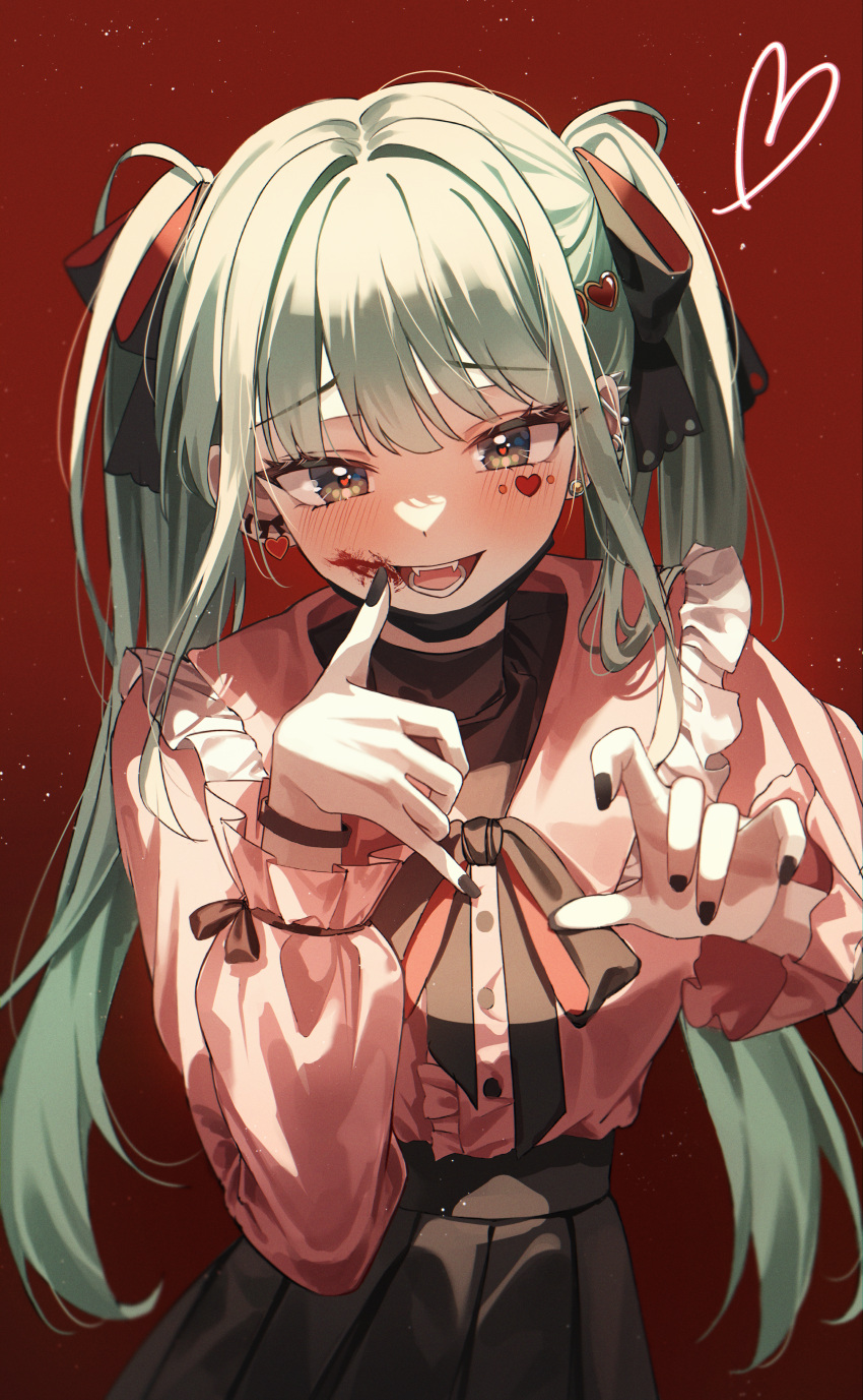 1girl absurdres black_mask black_nails black_ribbon black_shirt black_skirt black_wristband blood blood_on_face blush commentary ear_piercing earrings frilled_skirt frills green_eyes grey_hair hair_ornament hair_ribbon hatsune_miku heart heart_earrings heart_hair_ornament heart_in_eye highres jewelry jjuha6 long_hair long_sleeves looking_at_viewer mask mask_around_neck mouth_mask nail_polish open_mouth piercing pink_skirt pleated_skirt red_background ribbon shaka_sign shirt shirt_tucked_in simple_background skirt solo symbol_in_eye teeth tongue twintails vampire_(vocaloid) vocaloid