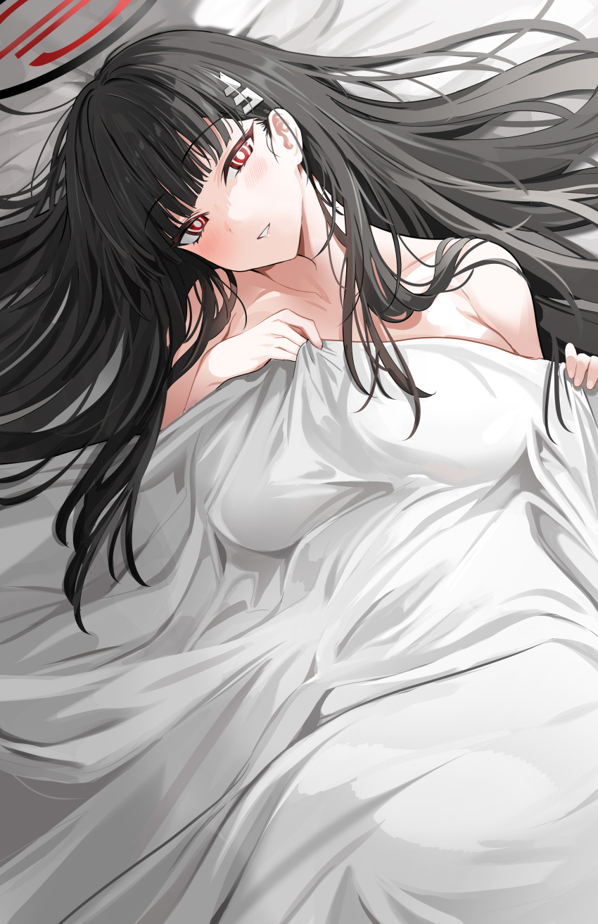 1girl absurdres black_hair blanket blue_archive blunt_bangs blush breasts hair_ornament hairclip halo highres holding holding_blanket large_breasts long_hair looking_at_viewer on_bed red_eyes rio_(blue_archive) smile solo under_covers very_long_hair yuki_(asayuki101)