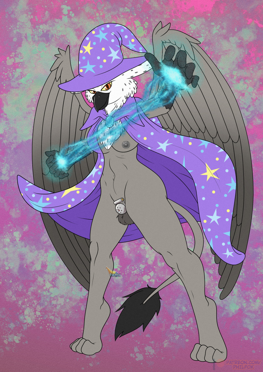 absurd_res anthro areola avian balls body_hair breasts chastity_cage chastity_device erect_nipples genitals gryphon gynomorph hairy_balls hasbro hi_res intersex lidded_eyes looking_at_viewer magic magician_hat my_little_pony mythological_avian mythology navel nipples nude penis philfox solo