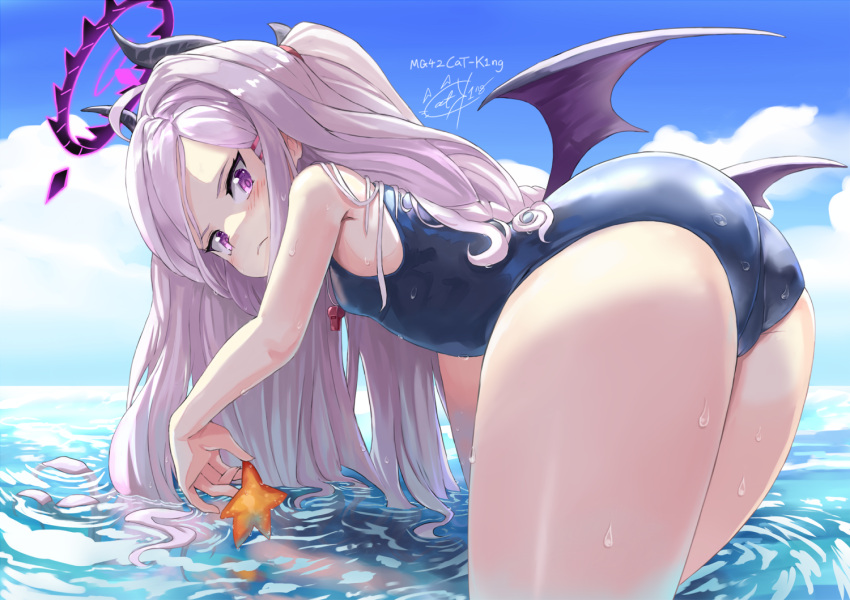 1girl ahoge ass bare_arms bare_legs bare_shoulders bent_over blue_archive blue_one-piece_swimsuit blue_sky blush cloud day demon_horns from_behind hair_ornament hairclip halo hina_(blue_archive) hina_(swimsuit)_(blue_archive) horns long_hair looking_at_viewer looking_back low_wings md5_mismatch mg42cat-k1ng multiple_horns ocean old_school_swimsuit one-piece_swimsuit outdoors purple_eyes school_swimsuit sky standing starfish swimsuit thighs wading water wet whistle whistle_around_neck white_hair wings