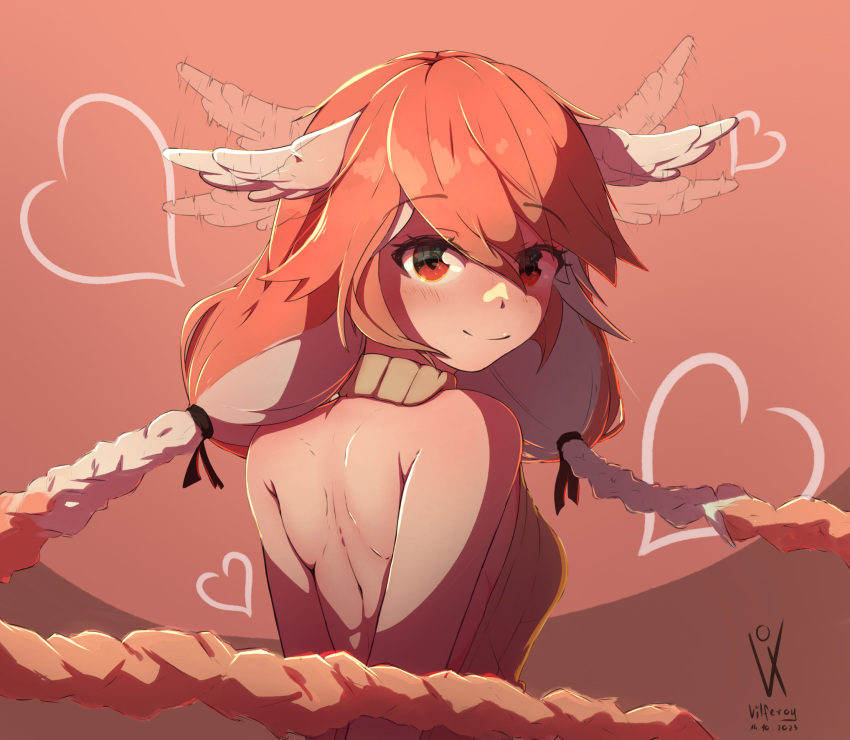 1girl backless_outfit bare_back feathered_wings heart heart-shaped_pupils highres indie_virtual_youtuber long_hair looking_at_viewer motion_blur pillowdear pink_hair symbol-shaped_pupils vilferoy watermark wings