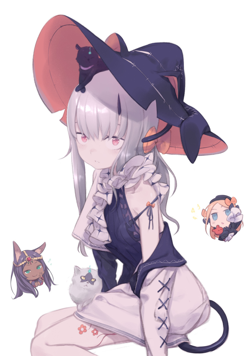 3girls abigail_williams_(fate) absurdres animal_on_head animal_on_lap black_headwear cat cat_tail chibi chibi_inset daisi_gi english_commentary fate/grand_order fate_(series) frills grey_hair halloween hat highres lavinia_whateley_(fate) long_hair looking_at_viewer multiple_girls on_head on_lap queen_of_sheba_(fate) red_eyes ribbon simple_background sitting tail white_background witch_hat