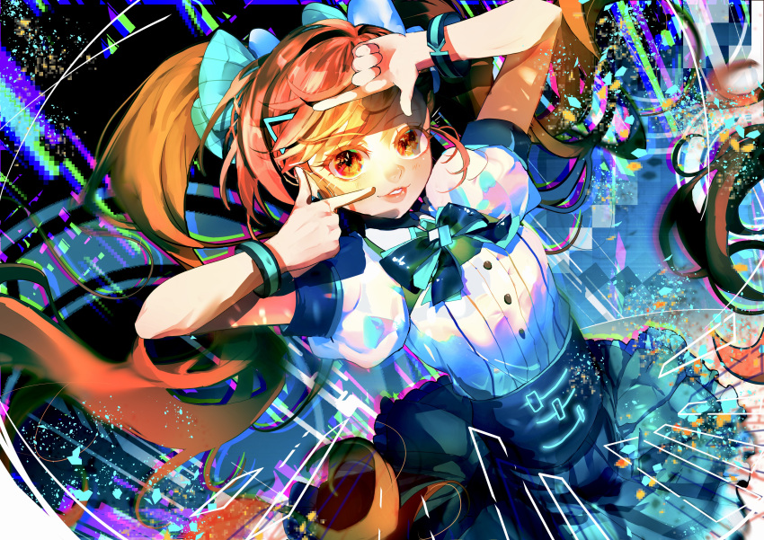1girl absurdres arms_up black_bow black_bowtie bow bowtie bracelet breasts buttons earrings finger_frame frilled_skirt frills green_bow green_bowtie green_skirt hair_bow highres irodori_mora jewelry light_blush lips logo long_hair looking_at_viewer orange_eyes orange_hair parted_lips pixelated puffy_short_sleeves puffy_sleeves renntori shirt short_sleeves skirt small_breasts solo teeth triangle_hair_ornament twintails two-tone_bowtie very_long_hair virtual_youtuber white_bow white_shirt wondershare_filmora