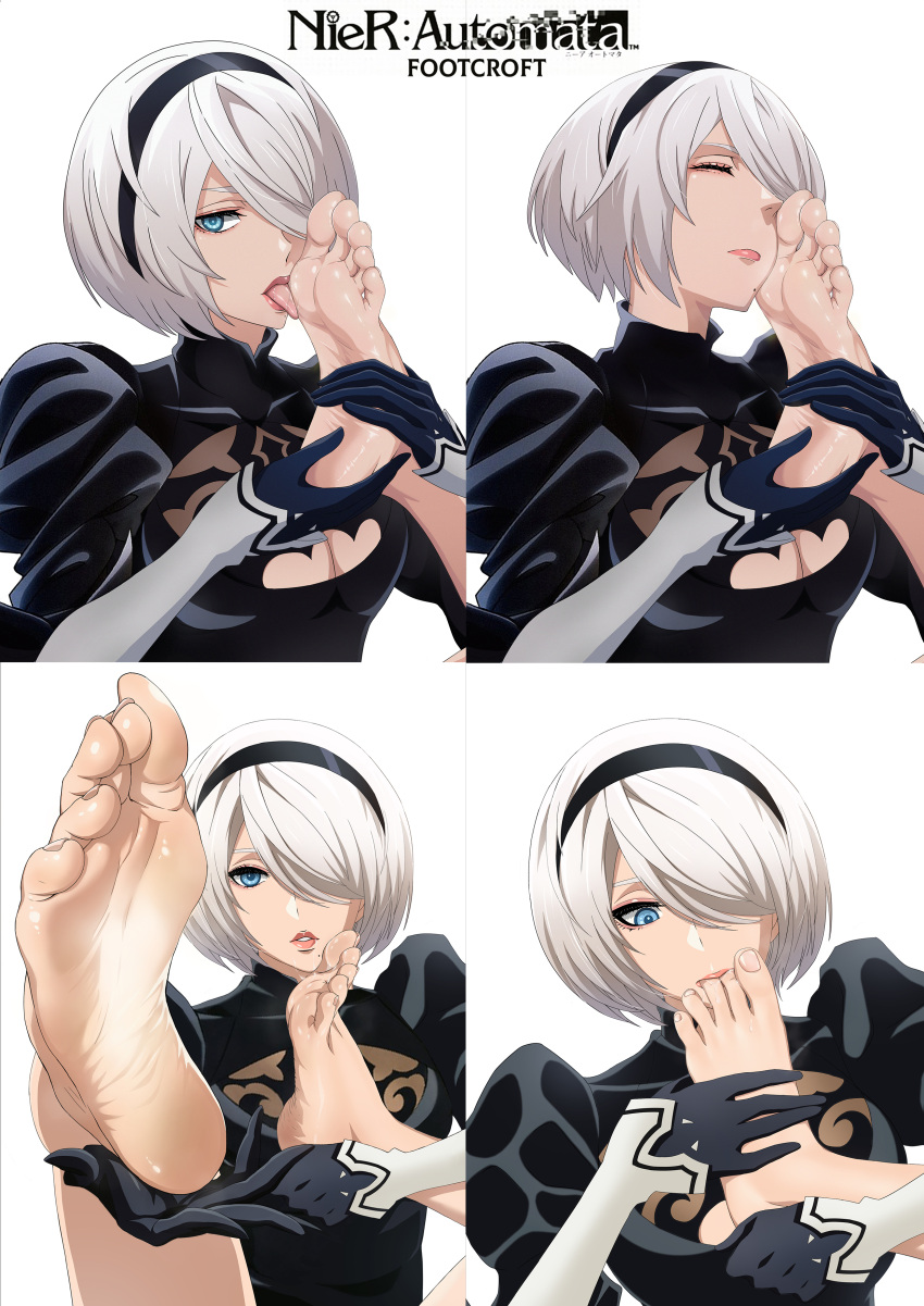 1girl 2b_(nier:automata) absurdres barefoot black_gloves black_hairband blue_eyes bob_cut breasts cleavage cleavage_cutout closed_eyes clothing_cutout commentary english_commentary eyelashes feet foot_croft foot_focus foot_up foreshortening gloves grey_hair hair_over_one_eye hairband highres juliet_sleeves leg_up licking_own_foot logo long_sleeves looking_at_viewer medium_breasts medium_hair mole mole_under_mouth multiple_views nier:automata nier_(series) parted_lips puffy_sleeves simple_background soles swept_bangs toenails tongue tongue_out upper_body white_background