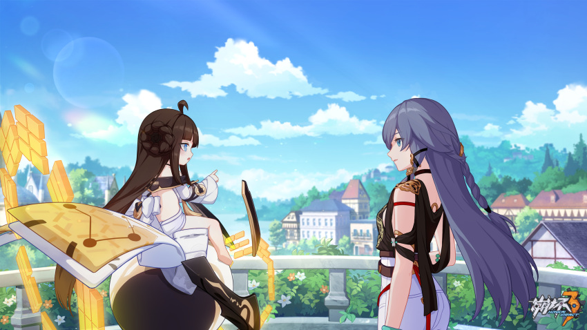 2girls ahoge barefoot black_shirt blue_eyes blue_sky book_of_fuxi bracelet braid breasts chinese_clothes chinese_commentary cloud cloudy_sky fence flower fu_hua fu_hua_(night_squire) grey_hair highres honkai_(series) honkai_impact_3rd house jewelry long_hair looking_at_another multiple_girls official_alternate_costume official_art official_wallpaper orange_flower orb outdoors parted_lips pointing rooftop shirt shorts sideboob sitting sky small_breasts smile standing tree upper_body white_flower white_shorts white_sleeves yin_yang yin_yang_orb