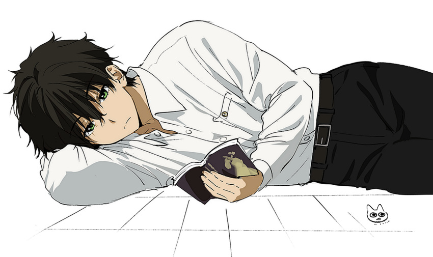 1boy black_pants book breast_pocket brown_hair holding holding_book hyouka lying male_focus mery_(yangmalgage) on_side open_book oreki_houtarou pants pocket reading shirt shirt_tucked_in short_hair simple_background solo white_shirt