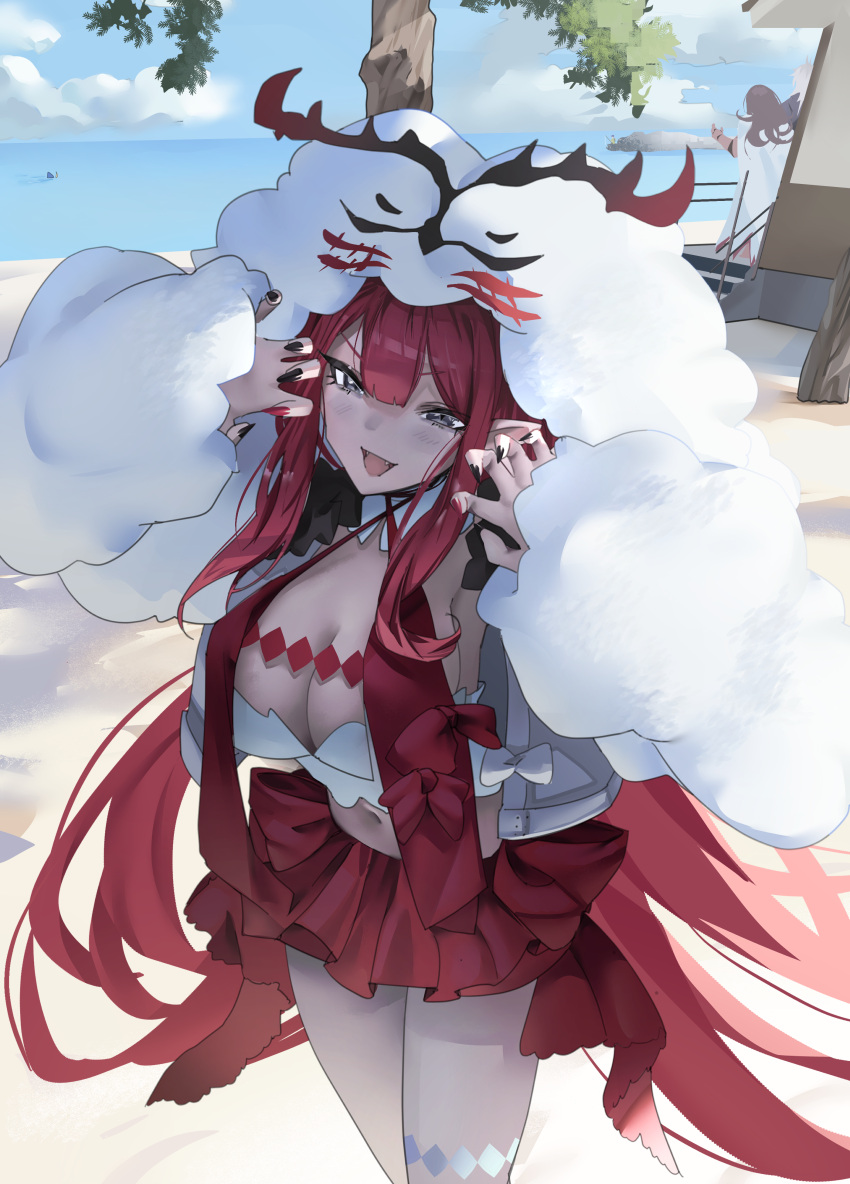 1girl 2boys absurdres antlers baobhan_sith_(fate) baobhan_sith_(swimsuit_pretender)_(fate) baobhan_sith_(swimsuit_pretender)_(first_ascension)_(fate) beach blue_sky breasts camisole cernunnos_(fate) character_hood claw_pose cleavage cu_chulainn_(fate) cu_chulainn_(fate/stay_night) detached_collar fate/grand_order fate_(series) georgios_(fate) grey_eyes highres jacket large_breasts long_hair long_sleeves looking_at_viewer microskirt multiple_boys navel obazzotto open_clothes open_jacket open_mouth pink_hair pointy_ears red_skirt shore sidelocks skirt sky smile solo_focus thighs tree white_camisole white_jacket