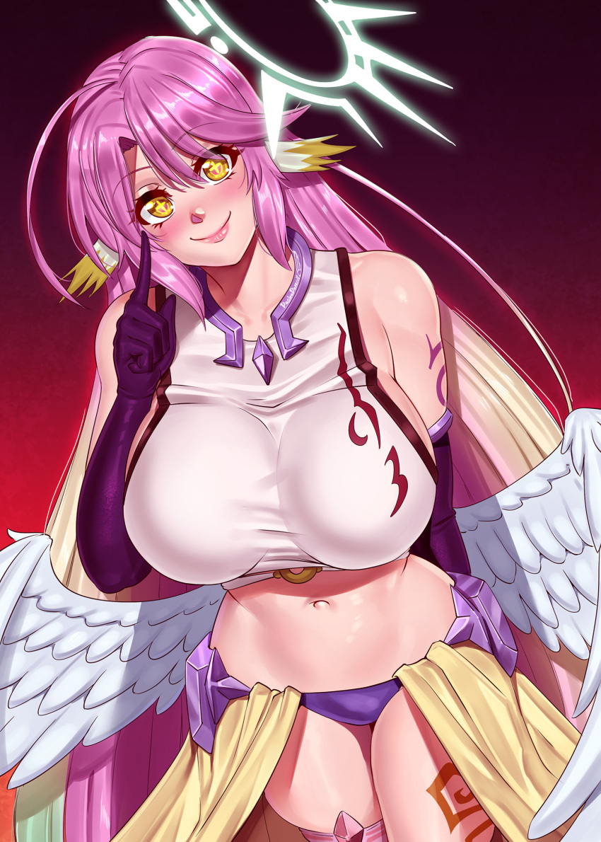 1girl angel angel_wings animal_ears bird_ears breasts closed_mouth compass_rose_halo crop_top cross english_commentary feathered_wings gloves gradient_hair halo highres huge_breasts jibril_(no_game_no_life) long_hair looking_at_viewer low_wings magic_circle midriff multicolored_eyes multicolored_hair navel no_game_no_life pashapencil pink_hair purple_eyes smile solo symbol-shaped_pupils tattoo very_long_hair white_wings wing_ears wings yellow_eyes