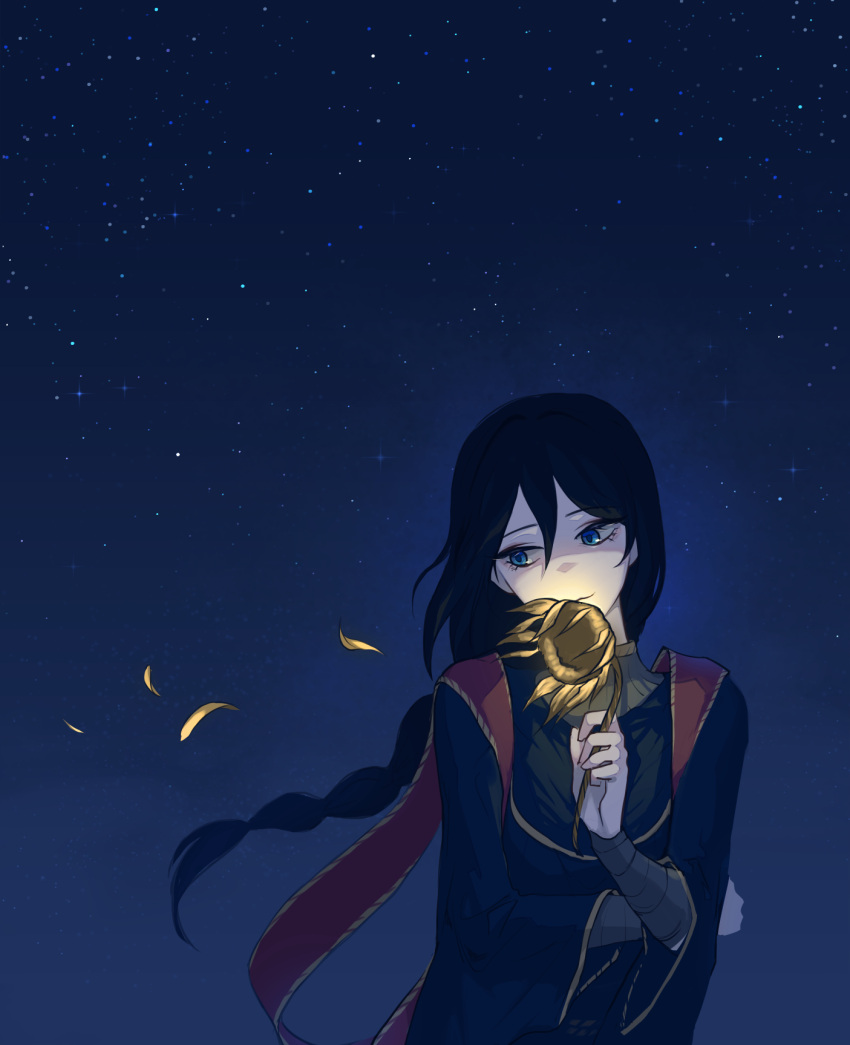 black_hair blue_eyes dot_7333 elden_ring flower highres jewelry looking_to_the_side necklace night night_sky robe sky smelling_flower sorceress_sellen star_(sky) starry_sky sunflower wrapping