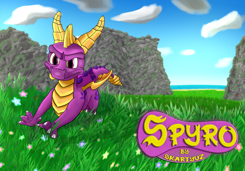 absurd_res activision clawed_fingers claws concept_art digital_media_(artwork) dragon feral field grass gynomorph hi_res intersex male male/male morning mountain paws plant running safe_(disambiguation) sea sfw sfw_version shadow skartyuz solo spyro spyro_the_dragon wall_(structure) water