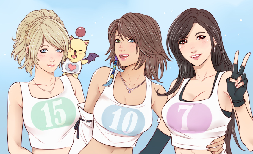3girls alternate_costume bare_shoulders black_gloves black_hair black_sports_bra blonde_hair blue_background blue_eyes breasts brown_hair collarbone commentary crop_top crylin6 earrings elbow_gloves english_commentary final_fantasy final_fantasy_vii final_fantasy_vii_remake final_fantasy_x final_fantasy_xv fingerless_gloves gloves green_eyes hand_on_another's_hip heterochromia highres jewelry large_breasts light_blush long_hair looking_at_viewer lunafreya_nox_fleuret medium_breasts midriff moogle multiple_girls necklace parted_lips pink_nails red_eyes short_hair single_earring single_elbow_glove smile sports_bra swept_bangs tank_top tifa_lockhart upper_body v white_tank_top yuna_(ff10)