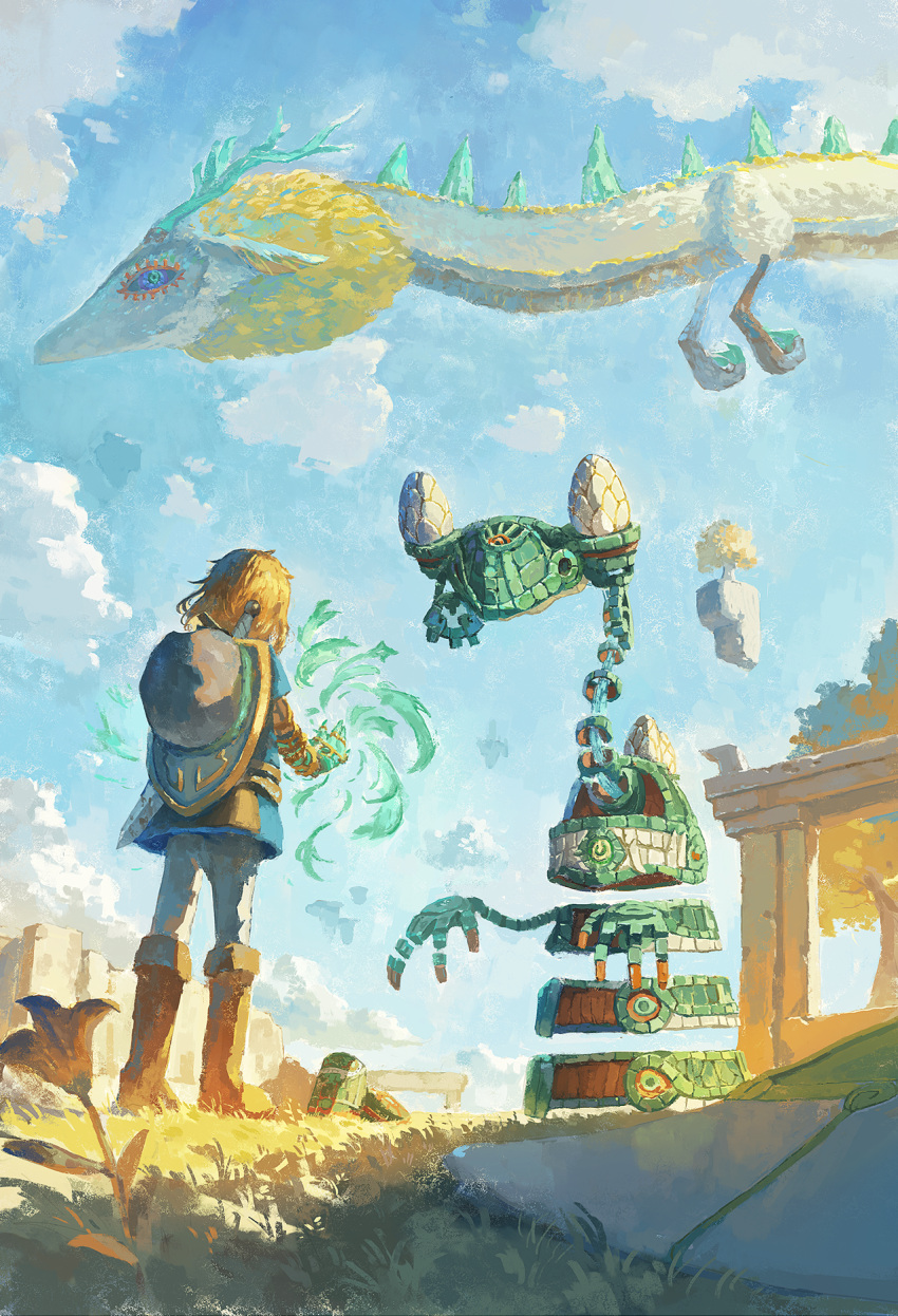 1boy blonde_hair blue_eyes blue_tunic boots brown_footwear cloud commentary_request day dragon eastern_dragon fjsmu floating_island fuse_(zelda) grass highres light_dragon_(zelda) link looking_at_another medium_hair outdoors pants rock shield sky steward_construct sundelion sword the_legend_of_zelda the_legend_of_zelda:_tears_of_the_kingdom weapon white_pants