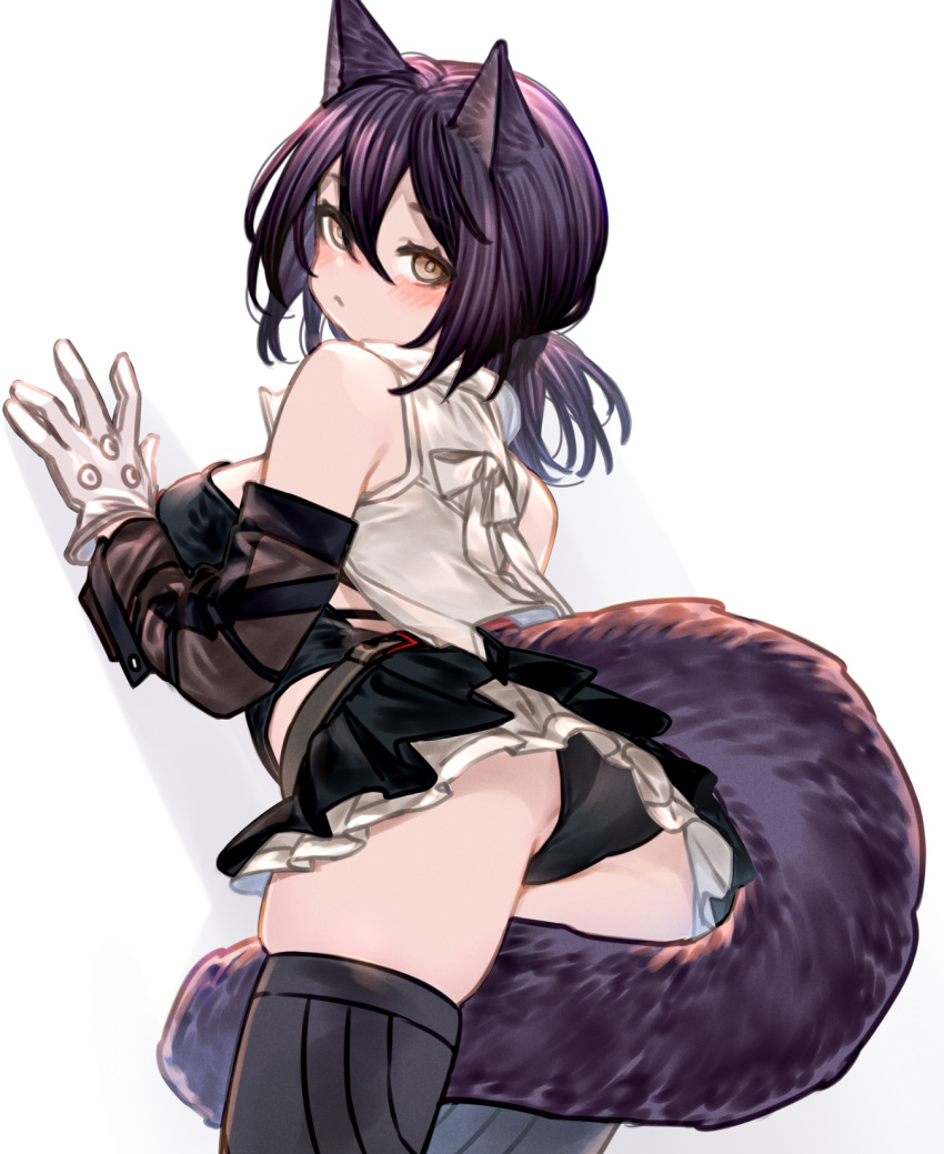 1girl animal_ears arknights ass black_hair black_panties black_thighhighs breasts brown_eyes cat_ears cat_girl cat_tail from_behind gloves hair_between_eyes highres kochiya_(gothope) long_hair looking_at_viewer looking_back panties pleated_skirt rockrock_(arknights) skirt small_breasts solo tail thighhighs underwear white_background white_gloves