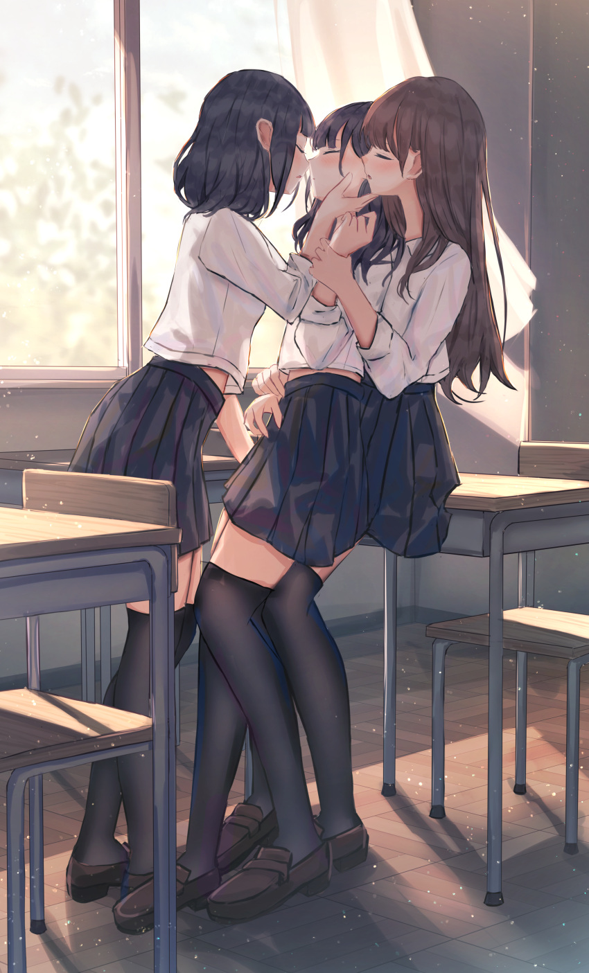 3girls absurdres backlighting benevole black_hair black_skirt black_thighhighs brown_footwear brown_hair chair classroom closed_eyes curtains desk girl_sandwich highres holding_another's_wrist imminent_kiss indoors long_hair medium_hair multiple_girls open_mouth original sandwiched school_chair school_desk school_uniform shirt shoes skirt standing sunlight thighhighs white_shirt window yuri