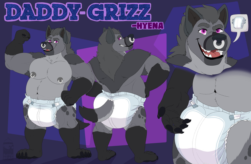 absurd_res anthro belly big_belly big_butt bodily_fluids bottlebear butt clean_diaper clothed clothing confidence confident diaper diaper_fetish diaper_only diapered_dominant facial_piercing fur grey_body grey_fur grizz_daddy hi_res hyena male male/male mammal model_sheet muscular muscular_anthro muscular_male navel nipple_piercing nipples nose_piercing nose_ring open_mouth overweight overweight_anthro overweight_male piercing ring_piercing simple_background slightly_chubby solo standing tail teeth text tongue topless wearing_diaper