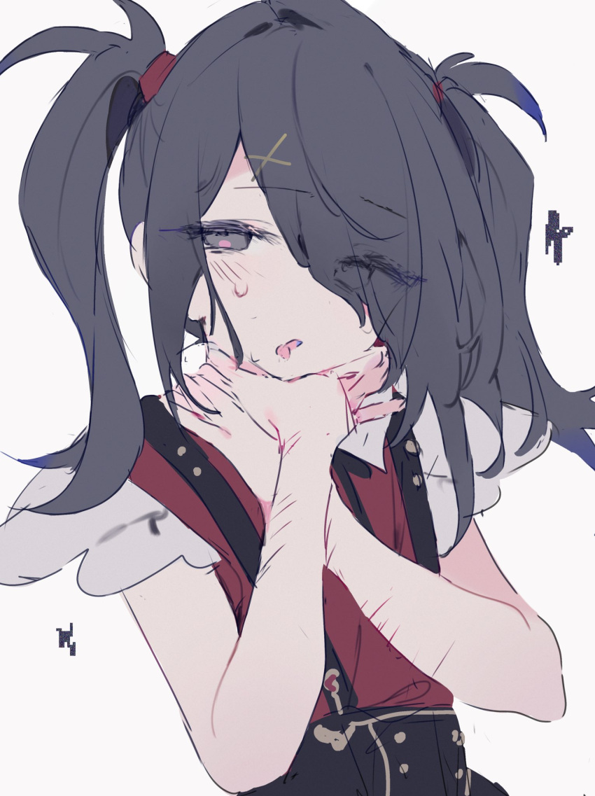 1girl ame-chan_(needy_girl_overdose) asphyxiation black_eyes black_hair black_ribbon black_skirt blush collared_shirt commentary hair_ornament hair_over_one_eye hair_tie hands_on_own_neck hands_up highres long_hair looking_at_viewer neck_ribbon needy_girl_overdose o_(jshn3457) open_mouth red_shirt ribbon self-harm_scar shirt simple_background skirt solo strangling suspender_skirt suspenders sweatdrop symbol-only_commentary twintails upper_body white_background x_hair_ornament