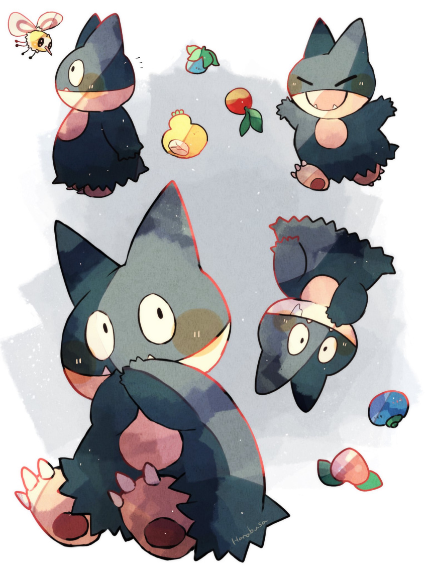 animal_focus berry_(pokemon) closed_eyes cutiefly fangs grey_background hanabusaoekaki highres leppa_berry multiple_views munchlax no_humans open_mouth oran_berry pawpads pecha_berry pokemon pokemon_(creature) rawst_berry sitrus_berry sitting upside-down