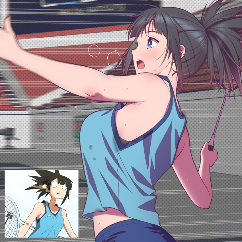 1girl andrian_januar_adilia armpit_crease badminton_racket blue_eyes blue_shirt breasts commentary_request emphasis_lines highres holding holding_racket indonesian_commentary inset lone_nape_hair looking_at_viewer loose_hair_strand medium_breasts medium_hair motion_blur open_mouth original ponytail racket shirt sidelocks sleeveless sleeveless_shirt teeth upper_body upper_teeth_only