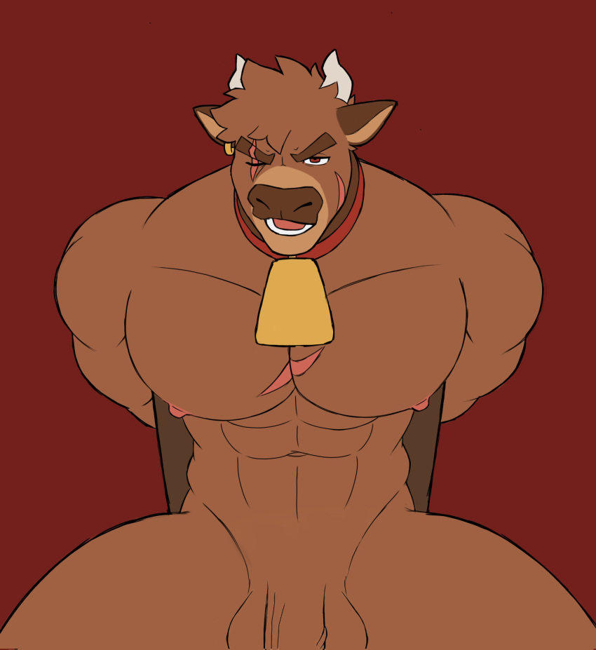 anthro balls bovid bovine cattle european_mythology eyebrows fur genitals greek_mythology hi_res humanoid_genitalia humanoid_penis male mammal minotaur muscular muscular_anthro muscular_male mythology navel nipples nude pecs penis simple_background snomflakes solo