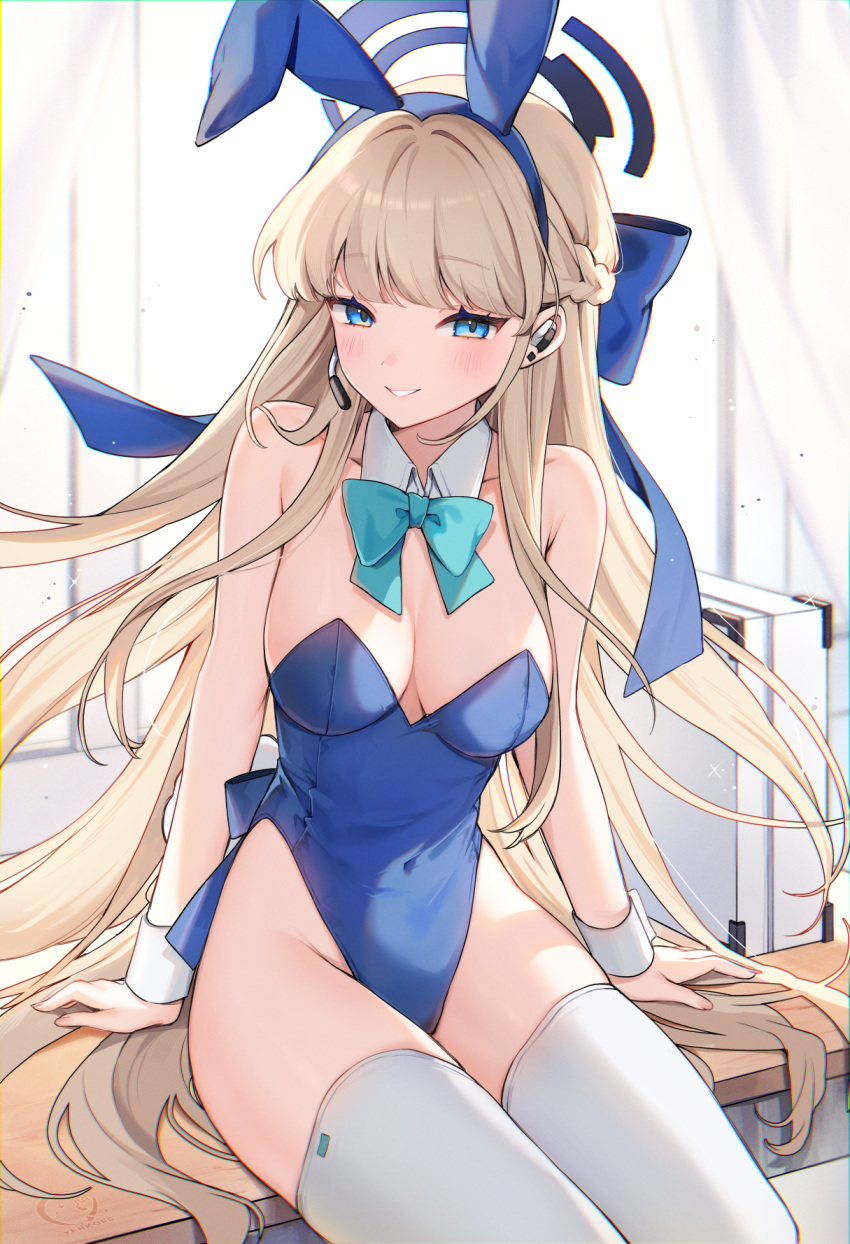 1girl animal_ears aqua_bow aqua_bowtie bare_shoulders blonde_hair blue_archive blue_bow blue_eyes blue_hairband blue_leotard blush bow bowtie braid breasts cleavage commentary covered_navel cowboy_shot detached_collar earpiece fake_animal_ears hair_bow hairband halo highleg highleg_leotard highres large_breasts leotard long_hair looking_at_viewer official_alternate_costume parted_lips playboy_bunny rabbit_ears sitting smile solo strapless strapless_leotard thighhighs toki_(blue_archive) toki_(bunny)_(blue_archive) traditional_bowtie very_long_hair white_thighhighs wrist_cuffs yenkoes