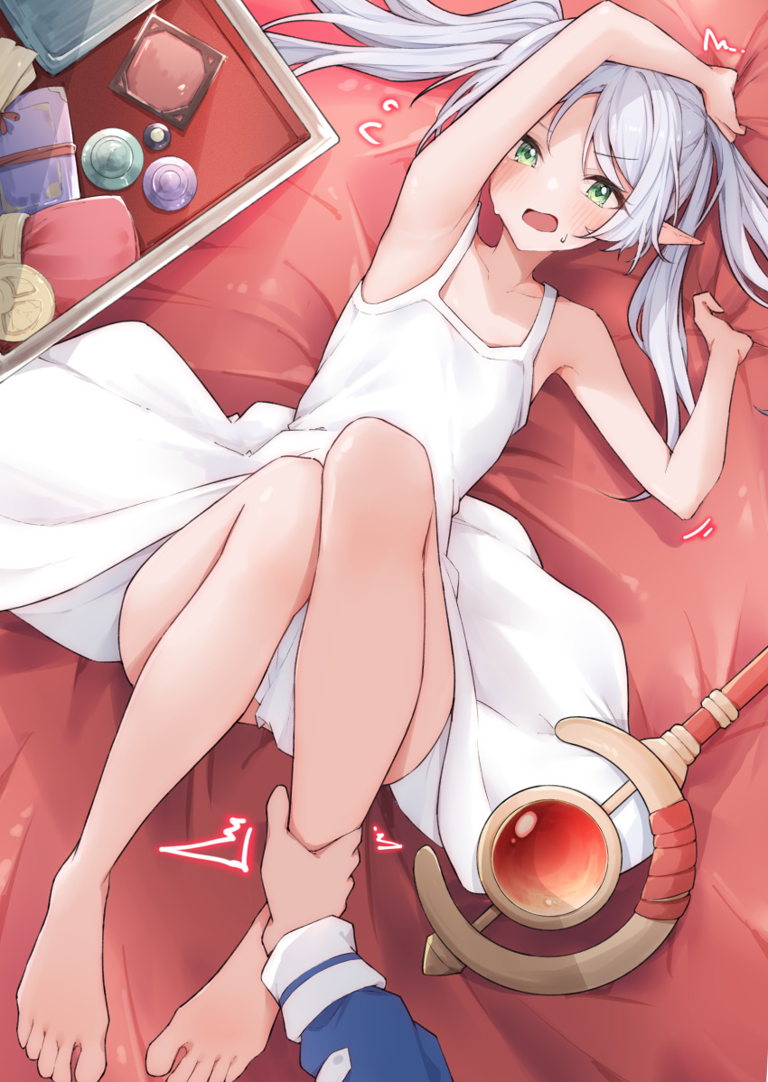 1boy 1girl absurdres airenif arm_up armpits bare_legs bare_shoulders barefoot bed_sheet collarbone commentary convenient_censoring dress elf embarrassed english_commentary eyelashes feet flat_chest frieren green_eyes grey_hair highres himmel_(sousou_no_frieren) holding_another's_leg indoors knees_together_feet_apart knees_up legs long_hair looking_at_viewer lying on_back open_mouth out_of_frame parted_bangs pointy_ears sleeveless sleeveless_dress sousou_no_frieren sweatdrop toes twintails white_dress
