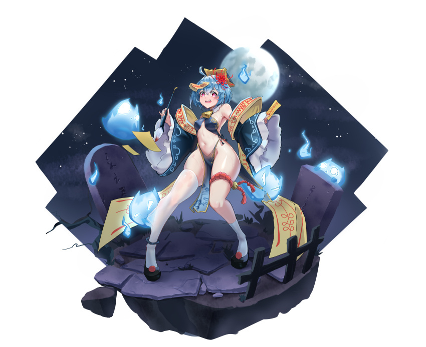 1girl absurdres ahoge bell blue_hair breasts commentary_request detached_sleeves full_moon heart heart-shaped_pupils highres hitodama jiangshi moon navel neck_bell night ofuda original paintbrush pelvic_curtain red_eyes revealing_clothes sharp_teeth short_hair single_thighhigh skindentation small_breasts sweat symbol-shaped_pupils tachi-e teeth thigh_strap thighhighs tombstone wide_sleeves yslftg