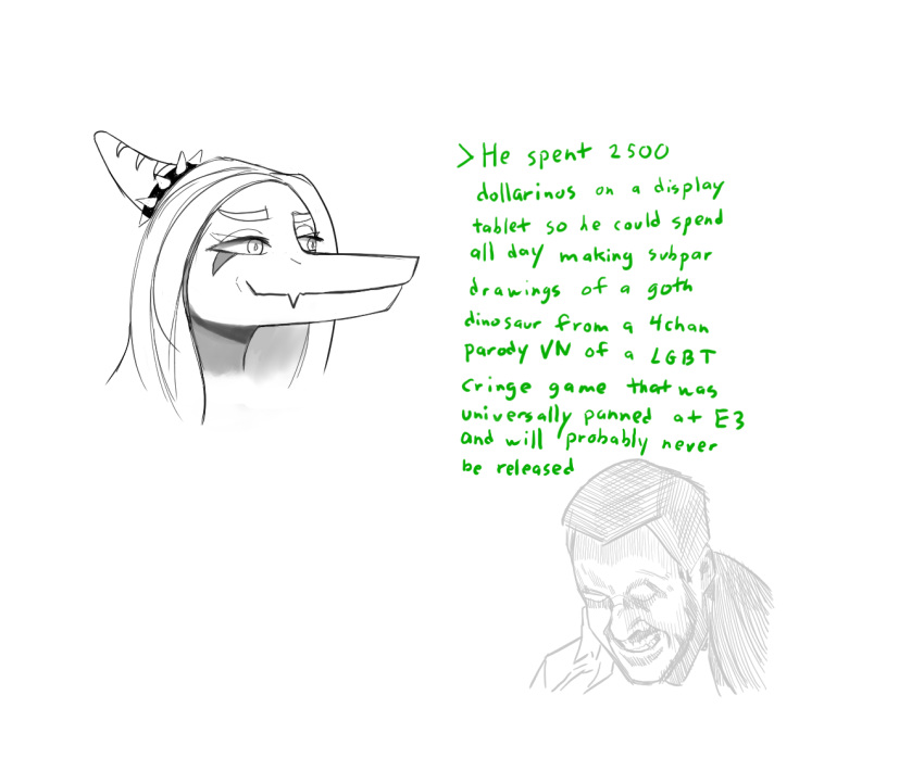anthro dinosaur duo english_text eyes_closed fang_(gvh) female goodbye_volcano_high hair headshot_portrait human humor long_hair long_snout makeup male mammal monochrome portrait pterodactylus pterosaur reptile ryan_gosling scalie simple_background sketch smug snoot_game_(fan_game) snout text unknown_artist white_background