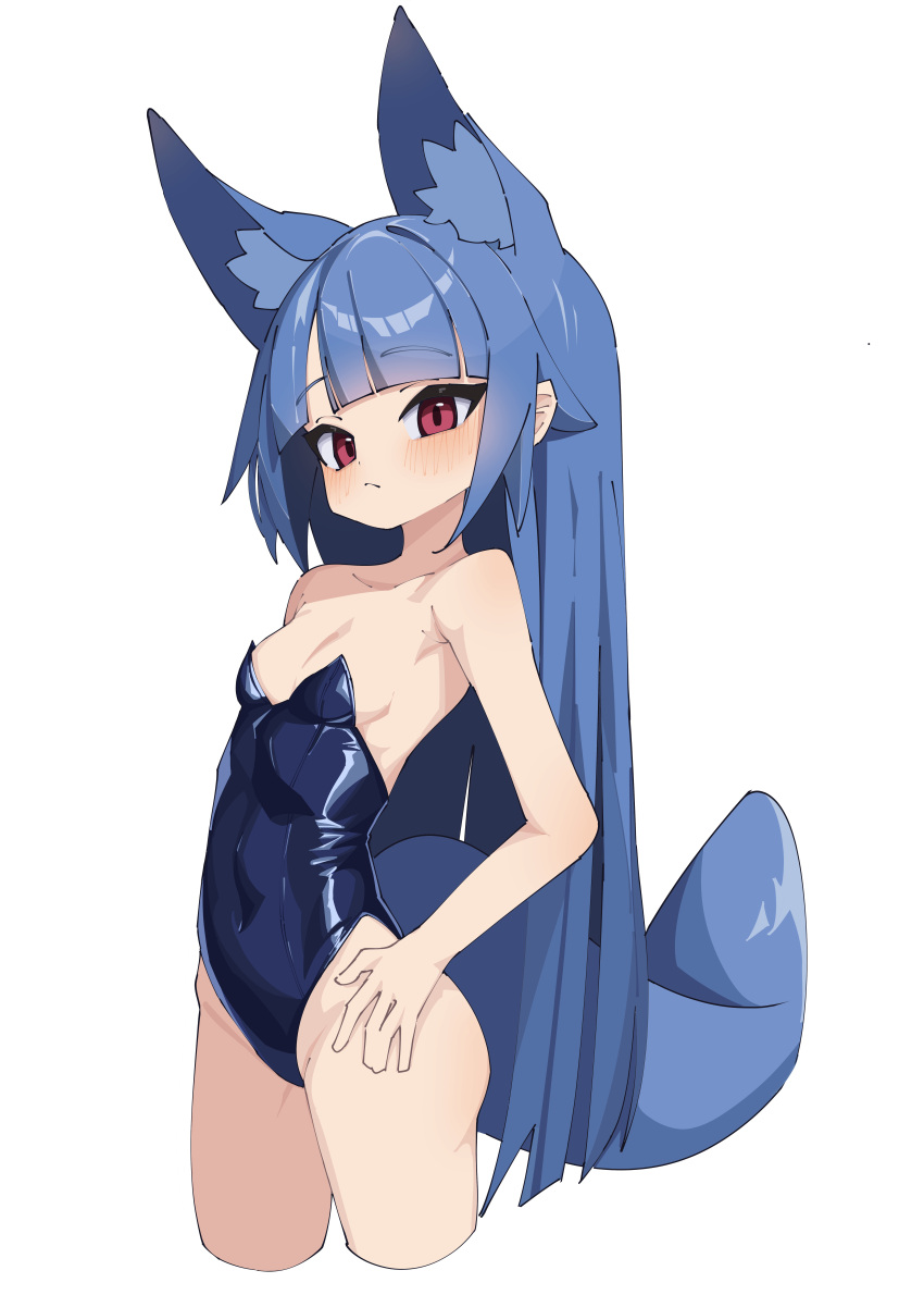 1girl absurdres animal_ear_fluff animal_ears arched_back bare_arms bare_shoulders blue_hair blue_leotard blunt_bangs blush breasts closed_mouth cropped_legs from_side hand_on_own_hip highres leotard long_hair myakuroekako original red_eyes simple_background small_breasts solo straight_hair tail very_long_hair white_background