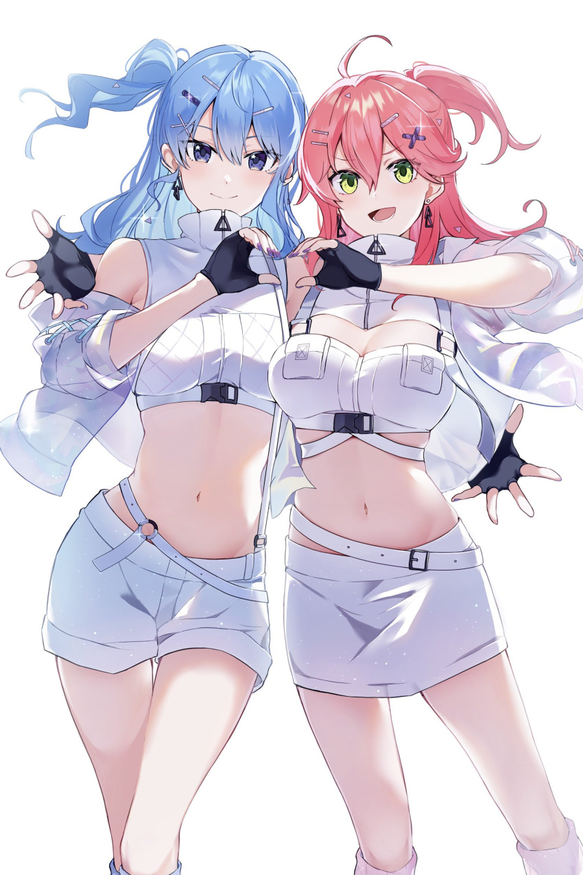 2girls absurdres ahoge arm_around_shoulder asymmetrical_hair aya02ka belt black_gloves blue_eyes blue_hair blush breasts cleavage cleavage_cutout closed_mouth clothing_cutout commentary crop_top cropped_jacket double-parted_bangs earrings feet_out_of_frame fingerless_gloves gloves green_eyes hair_between_eyes hair_ornament hairclip heart heart_hands heart_hands_duo highres hololive hoshimachi_suisei jacket jewelry kneehighs light_blue_hair long_hair looking_at_viewer medium_breasts miniskirt multiple_girls nail_polish navel o-ring o-ring_belt official_alternate_costume open_clothes open_jacket open_mouth pencil_skirt pink_hair purple_nails sakura_miko short_shorts shorts side-by-side side_ponytail simple_background skirt smile socks standing star_(symbol) star_in_eye stomach symbol_in_eye thigh_gap triangle_earrings turtleneck underbust virtual_youtuber white_background white_belt white_jacket white_shorts white_skirt x_hair_ornament zipper_pull_tab