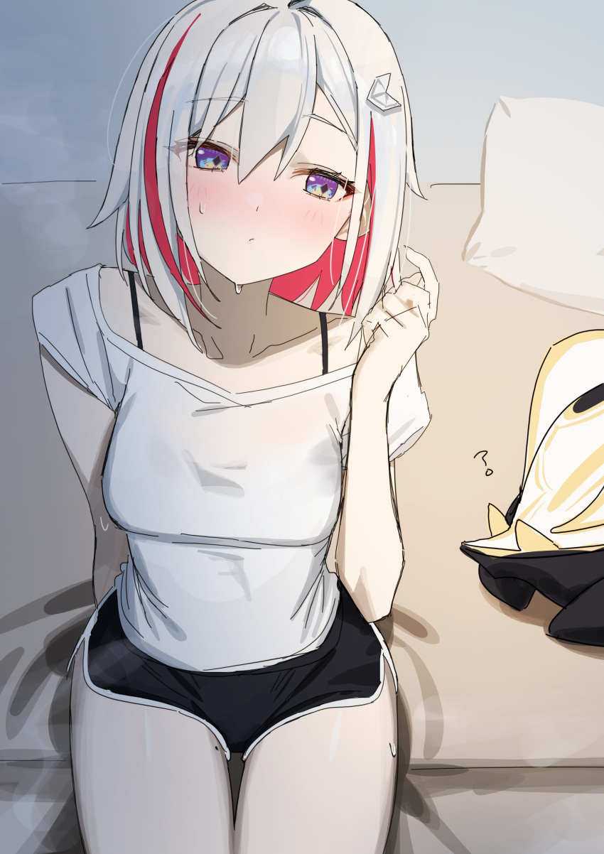 1girl ? absurdres bed_sheet black_shorts breasts closed_mouth collarbone colored_inner_hair cowboy_shot dolphin_shorts hair_between_eyes hair_intakes hair_ornament hand_up highres honkai:_star_rail honkai_(series) light_blush looking_to_the_side medium_breasts mole mole_on_thigh multicolored_hair numby_(honkai:_star_rail) on_bed pillow purple_eyes red_hair shirt short_hair short_sleeves shorts sitting strap streaked_hair syhan thigh_gap thighs topaz_(honkai:_star_rail) warp_trotter_(honkai:_star_rail) white_hair white_shirt