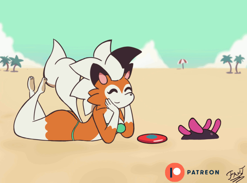 &lt;3 &lt;3_eyes animated anthro beach bikini breasts clothing duo dusk_lycanroc fantharubi female generation_7_pokemon lycanroc nintendo pokemon pokemon_(species) pyukumuku seaside short_playtime smile swimwear