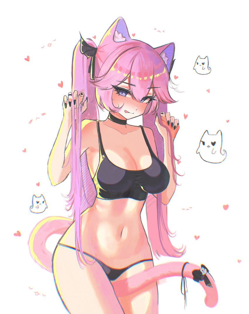 1girl animal_ear_fluff animal_ears bare_arms bikini black_bikini black_bow black_choker black_nails black_ribbon black_tank_top blush bow breasts cat_ears cat_girl cat_tail choker chromatic_aberration cleavage closed_mouth collarbone commentary fingernails ghost ghost_ornament hair_between_eyes hair_ribbon heart highres holding holding_hair holding_own_hair large_breasts long_bangs long_fingernails long_hair looking_at_viewer nail_polish navel nyatasha_nyanners pink_hair pink_tail purple_eyes ribbon s7nsles simple_background smile solo stomach swimsuit tail tail_bow tail_ornament tail_ribbon tank_top thighs tongue tongue_out twintails virtual_youtuber vshojo white_background