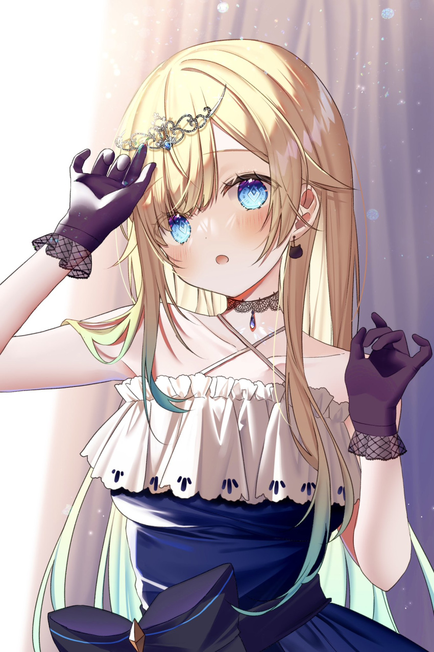 1girl :o aizawa_ema arm_up bare_arms bare_shoulders black_bow black_choker black_gloves blonde_hair blue_dress blue_eyes blush bow breasts cat_earrings choker collarbone criss-cross_halter curtains dress earrings gloves gradient_hair green_hair hair_between_eyes halterneck highres jewelry lace lace-trimmed_gloves lace_choker lace_trim long_hair looking_at_viewer medium_breasts multicolored_hair open_mouth pome_charo solo tiara two-tone_hair virtual_youtuber vspo! waist_bow