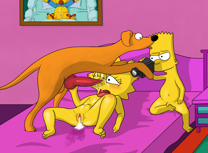 animal_genitalia barefoot bart_simpson bed bestiality bodily_fluids brother_(lore) brother_and_sister_(lore) canid canine canis cum domestic_dog feet female feral furniture genital_fluids genitals group human inside lisa_simpson maggie_simpson male male/female mammal mori_(artist) navel on_bed one_eye_closed open_mouth recording santa's_little_helper sibling_(lore) sister_(lore) spread_legs spreading the_simpsons trio yellow_body young