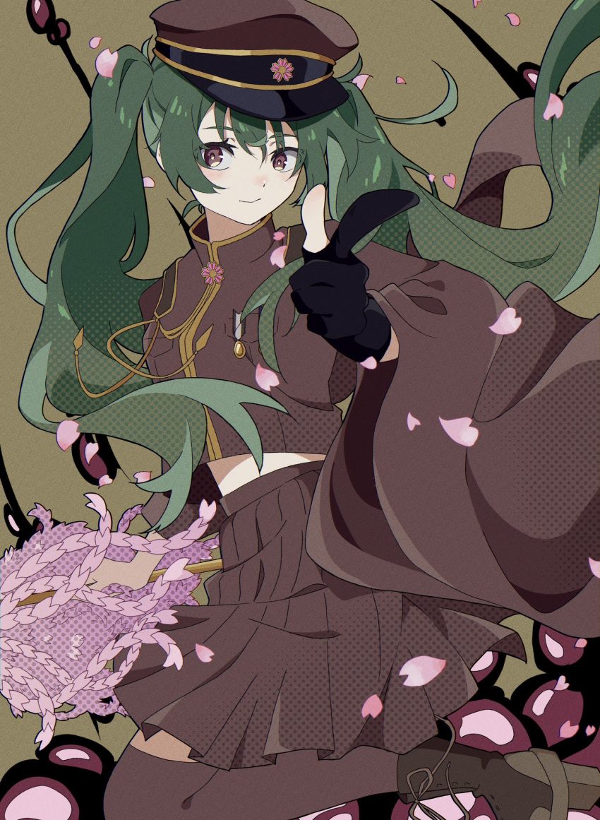 1girl black_gloves cherry_blossoms closed_mouth gloves green_hair hat hatsune_miku highres jacket long_hair looking_at_viewer midriff_peek military_uniform partially_fingerless_gloves peaked_cap pinponpo purple_eyes red_jacket red_skirt senbon-zakura_(vocaloid) skirt smile solo twintails uniform vocaloid wide_sleeves
