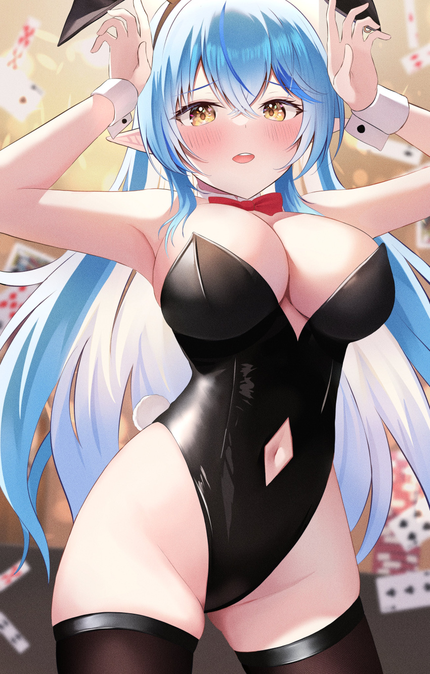 1girl absurdres animal_ears armpits arms_up bare_shoulders black_leotard black_thighhighs blue_hair blurry blurry_background blush bow bowtie breasts card clothing_cutout commentary cowboy_shot crossed_bangs detached_collar diamond_cutout double-parted_bangs elf fake_animal_ears fake_tail furrowed_brow groin hair_between_eyes highleg highleg_leotard highres hololive large_breasts leotard long_hair looking_at_viewer multicolored_hair navel navel_cutout onabe_no_shime open_mouth playboy_bunny playing_card pointy_ears rabbit_ears rabbit_pose rabbit_tail red_bow red_bowtie solo strapless strapless_leotard streaked_hair tail teeth thighhighs upper_teeth_only very_long_hair virtual_youtuber white_wrist_cuffs wrist_cuffs yellow_eyes yukihana_lamy