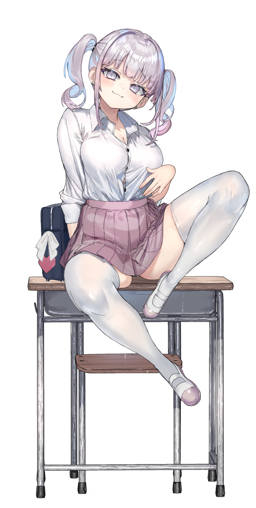 1girl absurdres bag chair closed_mouth collared_shirt commentary_request desk dress_shirt grey_eyes grey_hair head_tilt highres looking_at_viewer on_desk original pink_skirt pleated_skirt ranf school_bag school_chair school_desk school_uniform shirt shoes simple_background sitting skirt smile solo thighhighs twintails white_background white_footwear white_shirt white_thighhighs