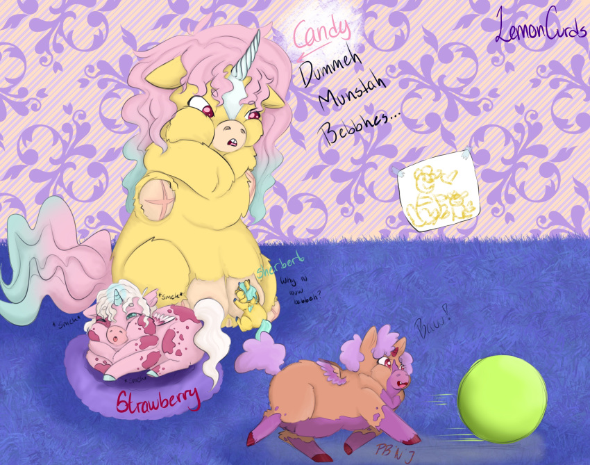 ambiguous_gender amputee ball blue_eyes blue_hair breastfeeding disability drawing equid equine female feral fluffy_pony fluffy_pony_(species) fur genitals group hair hi_res horn lemoncurds mammal mother_(lore) mother_and_child_(lore) parent_(lore) parent_and_child_(lore) pink_body pink_fur pink_hair pussy quadruple_amputee rug sibling_(lore) teats unicorn white_hair winged_unicorn wings yellow_body yellow_fur