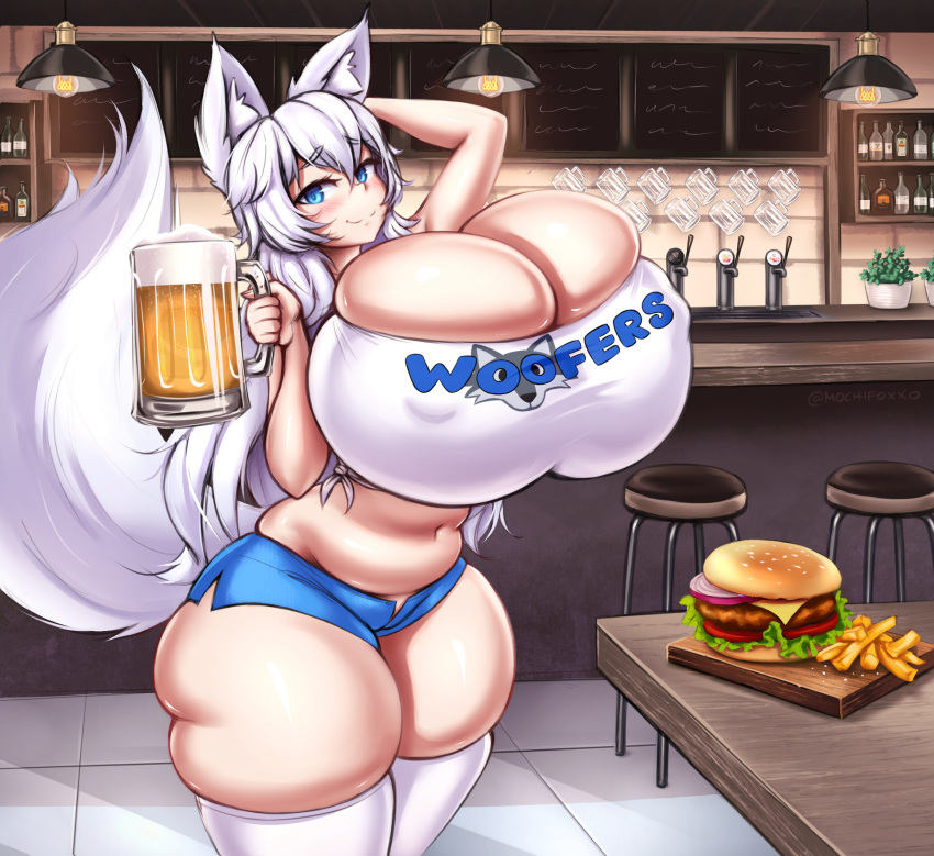 alcohol animal_humanoid beer beverage big_breasts big_butt blush breasts burger butt canid canid_humanoid canine canine_humanoid cleavage clothed clothing female food fries hair hi_res hooters hooters_uniform huge_breasts huge_butt huge_thighs humanoid hyper hyper_breasts looking_at_viewer mammal mammal_humanoid mochifoxxo navel restaurant solo standing thick_thighs unknown_character vtuber white_hair wide_hips wolf_humanoid