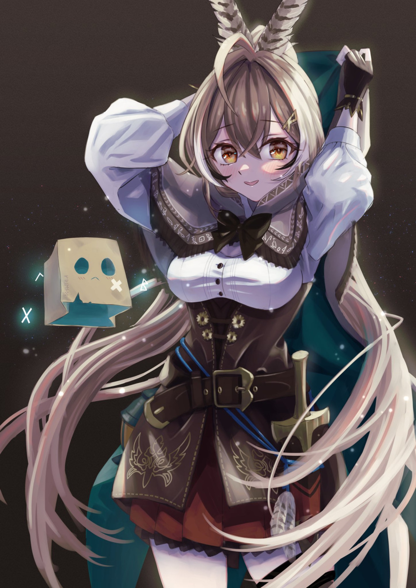 1girl :&lt; ahoge asymmetrical_legwear belt brown_capelet brown_cloak brown_corset brown_eyes brown_hair cape capelet cloak corset dagger feather_hair_ornament feathers friend_(nanashi_mumei) gloves hair_ornament hairclip hieroglyphics highres hololive hololive_english hood knife lantern long_hair looking_at_viewer monakarobo78 multicolored_hair nanashi_mumei partially_fingerless_gloves pleated_skirt ponytail pouch red_skirt ribbon runes shirt single_thighhigh skirt smile streaked_hair thigh_strap thighhighs very_long_hair virtual_youtuber weapon white_shirt