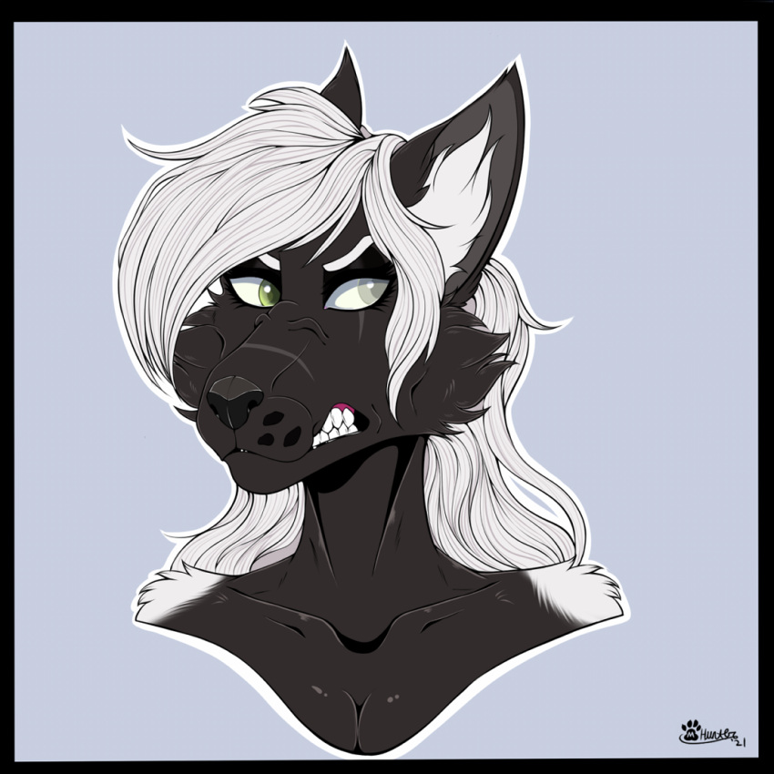 2021 anthro canid canine canis clenched_teeth ears_up eyebrows fangs female fur hair headshot_portrait inner_ear_fluff looking_aside looking_away mammal marcushunter narrowed_eyes portrait shasta_mistblaze signature snarling solo teeth tuft wolf