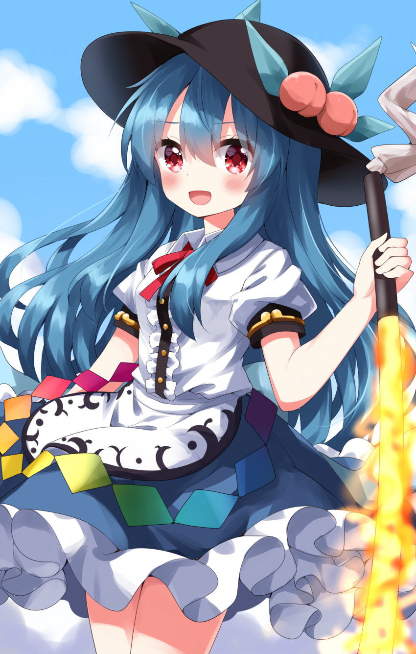 1girl :d blue_hair blue_sky blush cloud day hair_between_eyes hat highres hinanawi_tenshi holding holding_sword holding_weapon long_hair looking_at_viewer open_mouth outdoors peach_hat_ornament petticoat red_eyes ruu_(tksymkw) shirt sky smile solo sword sword_of_hisou touhou very_long_hair weapon white_shirt wing_collar