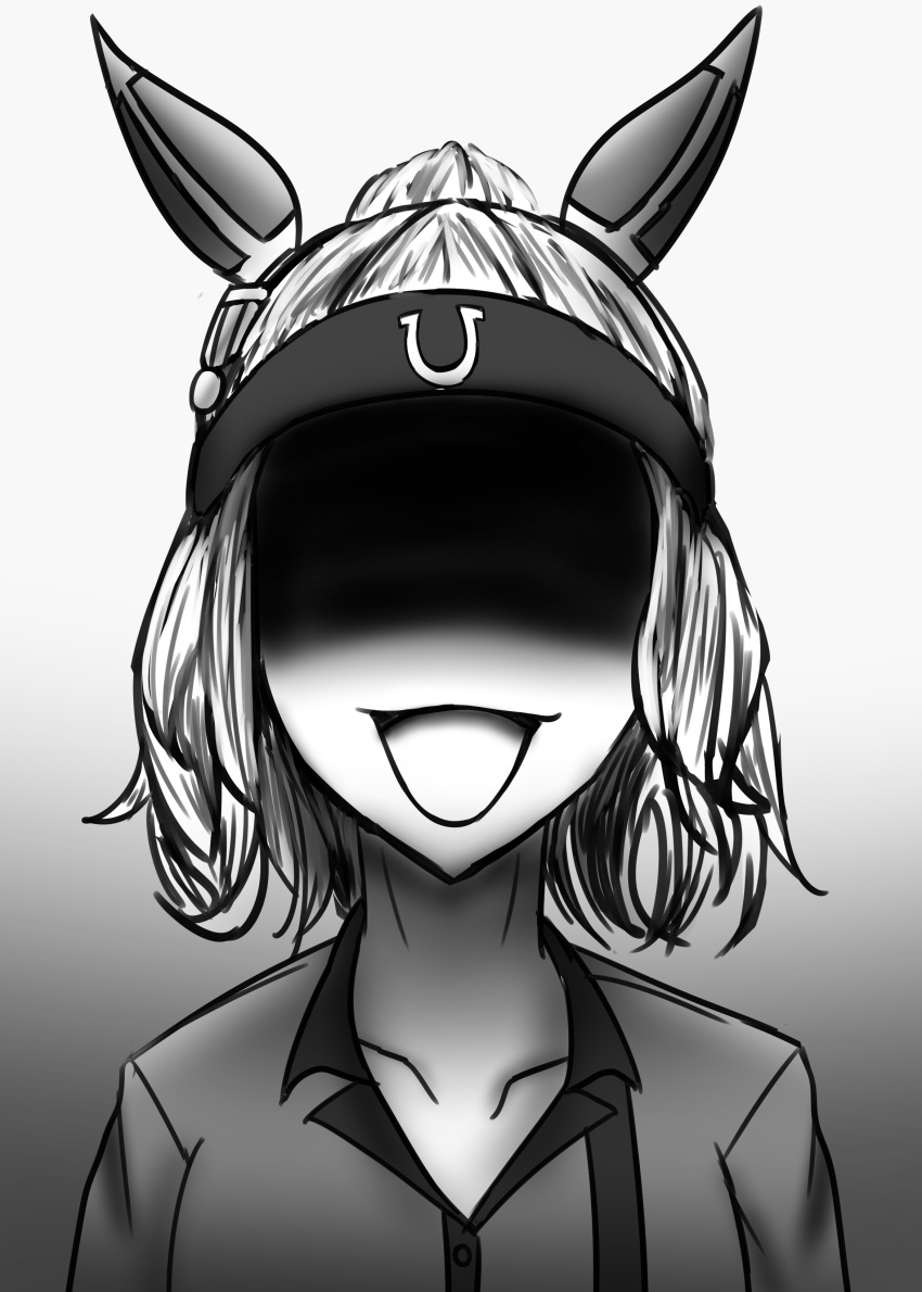 absurdres animal_ears character_request greyscale hair_ornament highres horse_ears horse_girl horseshoe monochrome nobu_(sfam7588) open_mouth shaded_face solo tagme umamusume