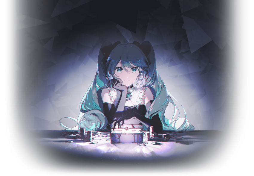 1girl aqua_gemstone bare_shoulders black_background black_bow black_choker black_dress black_gloves bow choker coin dress elbow_gloves gloves hair_bow hatsune_miku highres jewelry jewelry_box light long_hair necklace official_art project_sekai rella sekai_no_housekibako sidelocks sleeveless sleeveless_dress solo transparent_background twintails very_long_hair vocaloid