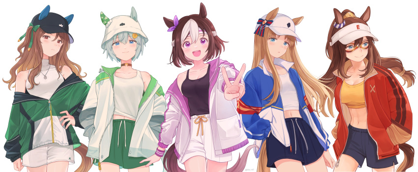 5girls absurdres alternate_costume animal_ears arm_at_side bare_shoulders baseball_cap black_shirt black_shorts blue_eyes blue_jacket blush breasts brown_choker brown_eyes brown_hair bucket_hat camisole choker cleavage collarbone commentary commentary_request cowboy_shot crop_top ear_bow ear_covers ears_through_headwear el_condor_pasa_(umamusume) flower golden_generation_(umamusume) grass_wonder_(umamusume) green_jacket green_shorts hair_flower hair_ornament hairclip hand_in_pocket hands_in_pockets hat highres horse_ears horse_girl horse_tail jacket jewelry king_halo_(umamusume) light_green_hair long_hair long_sleeves looking_at_viewer maid_headdress mask medium_breasts midriff multicolored_hair multiple_girls navel necklace off_shoulder open_clothes open_jacket open_mouth outstretched_arm parted_lips ponytail puffy_long_sleeves puffy_sleeves purple_eyes reaching reaching_towards_viewer rio_(rio_067) scrunchie seiun_sky_(umamusume) shirt short_hair shorts simple_background single_bare_shoulder single_ear_cover small_breasts smile special_week_(umamusume) sunflower sunflower_hair_ornament sweatband symbol-only_commentary tail tank_top twitter_username two-tone_hair umamusume v visor_cap wavy_hair white_background white_camisole white_headwear white_jacket white_shirt white_shorts zipper_pull_tab