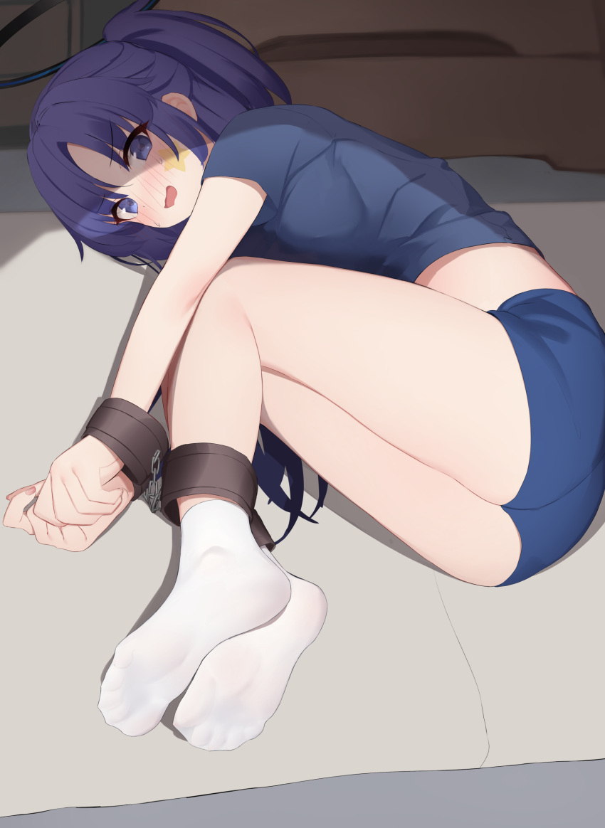 1girl absurdres ass ayaya_(ayaya_ri) blue_archive blue_buruma blue_eyes blue_hair blue_shirt blush bound bound_ankles bound_wrists breasts buruma covered_nipples embarrassed feet fetal_position foot_focus greek_toe gym_storeroom gym_uniform halo high_ponytail highres legs long_hair looking_at_viewer lying mechanical_halo medium_breasts no_shoes nose_blush on_side paid_reward_available shirt socks soles solo star_sticker sticker_on_face sweat t-shirt thighs toes v-shaped_eyebrows vaulting_horse white_socks yuuka_(blue_archive) yuuka_(track)_(blue_archive)