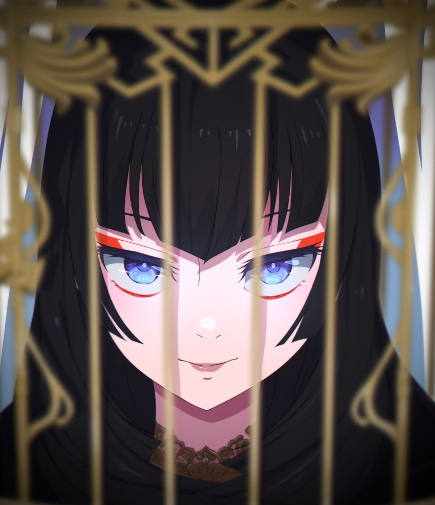 1girl birdcage black_hair blue_eyes blurry blurry_foreground cage camui1104 closed_mouth commentary_request eyeshadow highres long_hair looking_at_viewer makeup medium_bangs red_eyeliner red_eyeshadow revision rindou_aya_(undead_girl_murder_farce) severed_head smile undead_girl_murder_farce