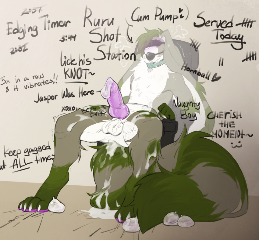 absurd_res anthro arms_tied ball_gag big_ears big_tail bishopi blindfold blush bodily_fluids body_writing bound claw_marks collar condom cum english_text erection filled_condom floppy_ears fluffy fluffy_chest fluffy_tail fur gag genital_fluids genitals green_body hi_res hybrid knot lagomorph leporid lop_ears male mammal messy pawpads penis procyonid purple_pawpads purple_penis rabbit raccoon rurik_carpenter sexual_barrier_device shaking solo tail text trembling writing_on_thigh writing_on_wall