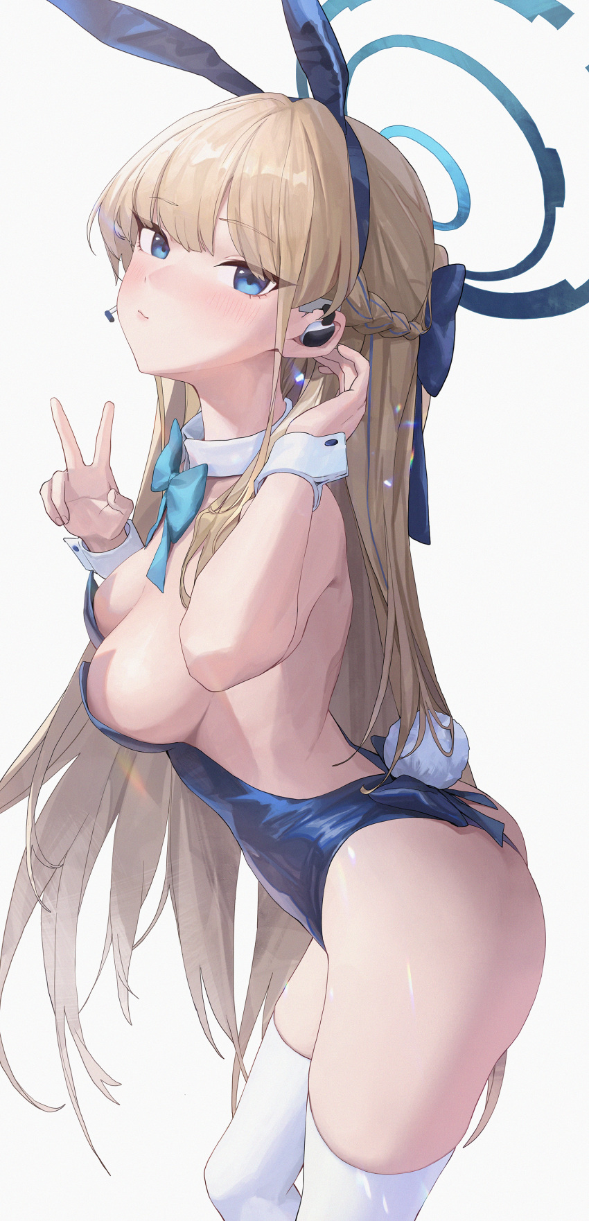 1girl absurdres animal_ears ass backless_leotard bingwei_huang blonde_hair blue_archive blue_bow blue_eyes blue_hairband blue_leotard bow bowtie braid breasts closed_mouth commentary detached_collar earpiece fake_animal_ears fake_tail french_braid from_side hairband halo hands_up highres leotard long_hair medium_breasts microphone official_alternate_costume official_alternate_hairstyle playboy_bunny rabbit_ears rabbit_tail revision simple_background tail thighhighs thighs toki_(blue_archive) toki_(bunny)_(blue_archive) v very_long_hair white_background white_thighhighs wrist_cuffs
