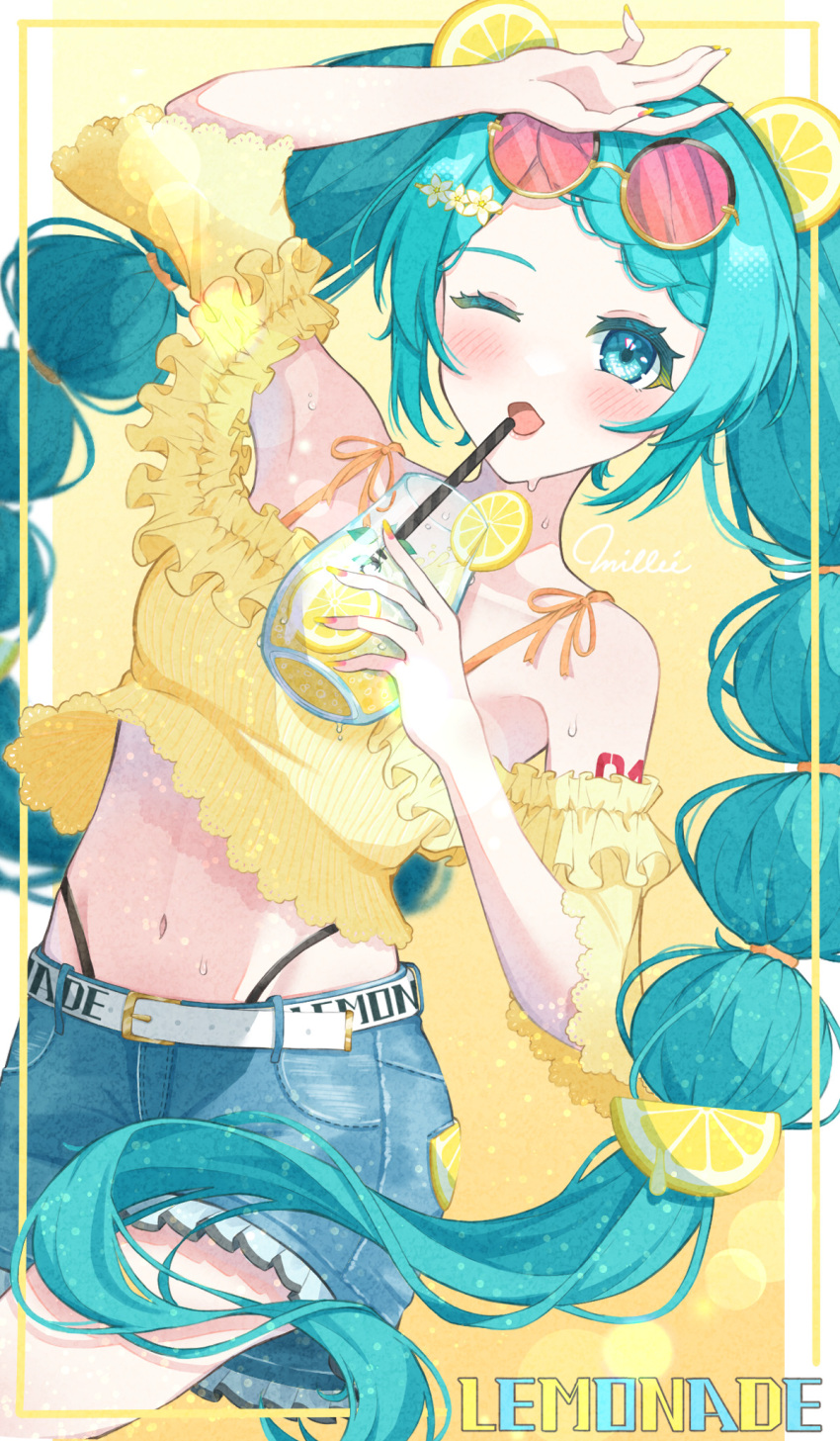 1girl belt blue_eyes blue_hair blush braid braided_bangs crop_top denim denim_shorts drink fruit_hair_ornament hatsune_miku highres holding holding_drink lemonade millee_(prhr5855) multi-tied_hair one_eye_closed open_mouth shirt shorts solo sunglasses vocaloid white_belt yellow_shirt